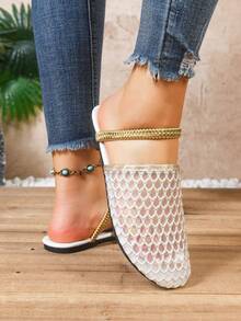 女士镂空透气网面平底一脚蹬鞋，百搭休闲时尚优雅乐福鞋，适合派对、海滩、度假等场合 - 白色 - 查看 6