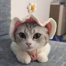 Knitted Pet Hat, Elegant Crochet Cat Hat With Rabbit Ear Ruffled Floral Decor, Suitable For Small/Medium Cats, Soft & Easy To Wear, Great For Birthday, Holiday, Travel, Photo Shoot, Adorable Pet Accessory - Multicolor - View 3