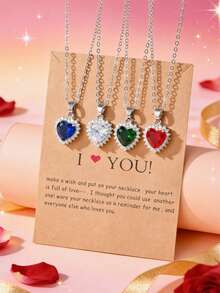 1/4 chiếc Dây chuyền mặt trái tim bằng đá Cubic Zirconia khảm đồng nhiều màu, Thích hợp cho phụ nữ và làm quà tặng, Ngày lễ tình nhân, Người yêu, Bạn thân - hình trái tim - Xem 9