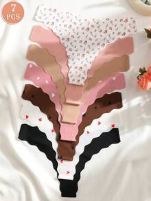 SQPVEH 7条/包 情人节女士内裤，花卉爱心图案，镂空爱心设计，性感舒适低腰丁字裤 - 彩色 - 查看 6
