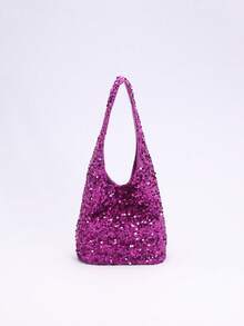 1个紫色时尚亮片单肩包，小众奢华水桶包，机车风性感女士款，通勤百搭高端OL手提包 - 紫色 - 查看 4