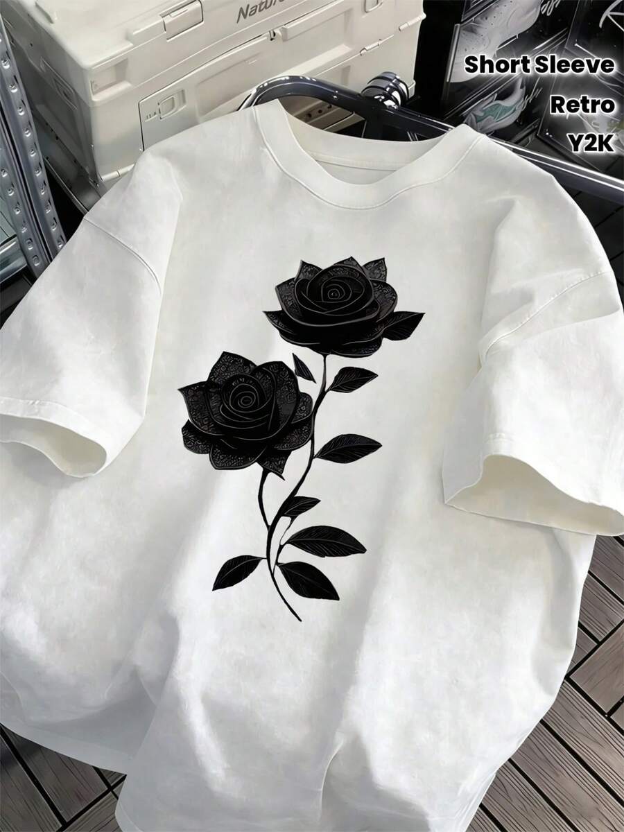 Black, Gothic Style Print Pattern (2D) Plus Size Men's-Shirt, Fashion Plus Size Men's-Shirt, 180g Cotton Plus Size Men's-Shirt, Street Retro Style-Shirt, Y2K Style-Shirt, Men's E3QA - 白色 - 查看 1