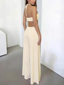 DOUCIU奶油色镂空露背性感吊带连体裤宽松度假装 - 杏色 - 查看 2