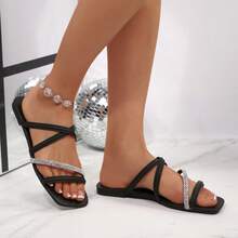 Women's Rhinestone Criss-Cross Flat Slip-On Beach Sandals, Fairy Style - Black - View 5