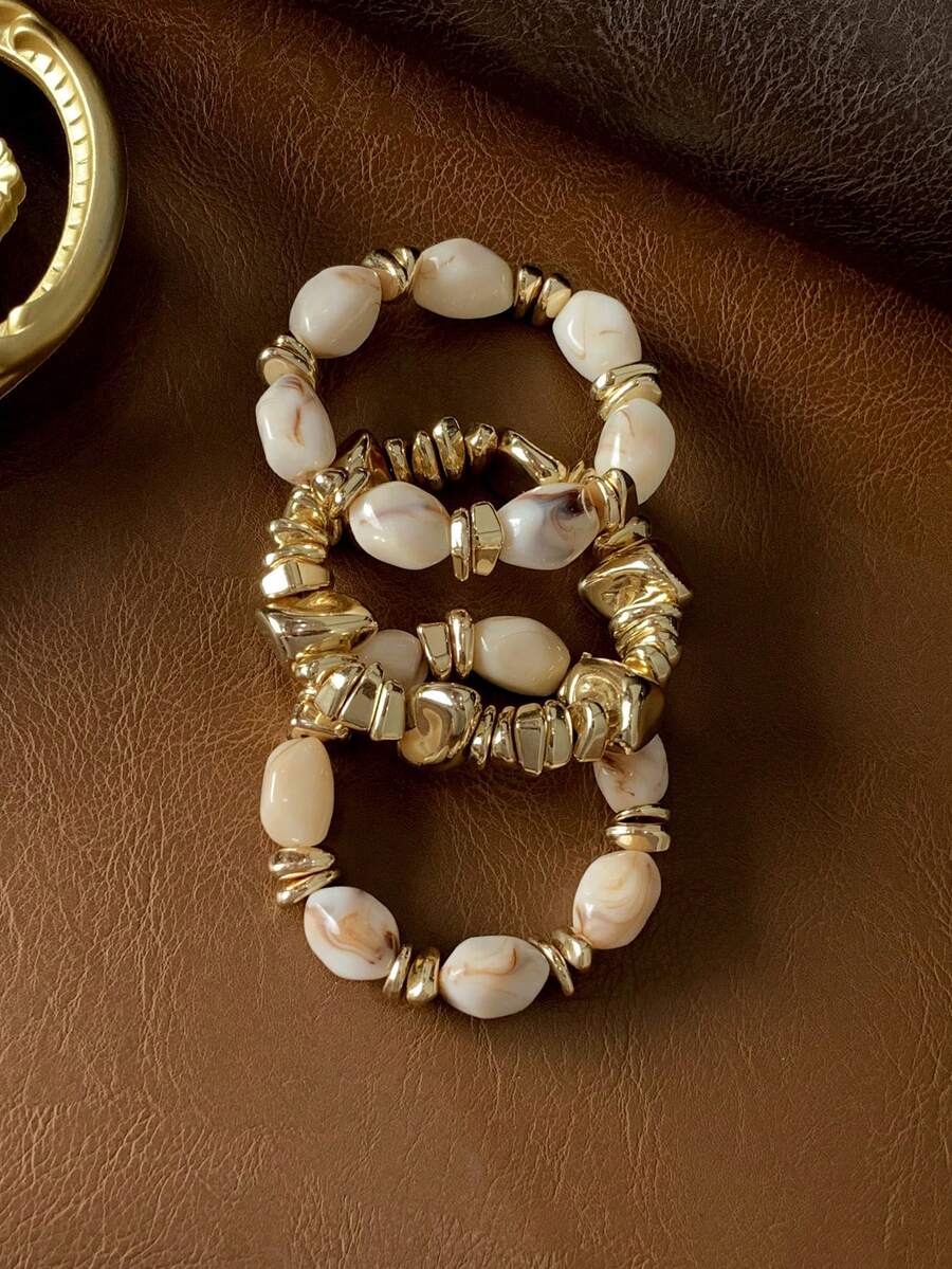 Set 3 Buah Gelang Manik Akrilik Tebal Multi-Lapisan Multi-Warna Gaya Retro Bohemian dengan Hiasan Batu Hancur Emas untuk Wanita