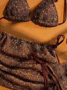 2pcs Women's Summer Beach Bikini Set, Crochet Halter Tie Back Bikini, Bohemian Sequin Crochet Cover Up Dress, Women Beach Vacation Bikini 3-Piece Set, Suitable For Beach, Leisure, Vacation And Pool Party - Brown - View 7