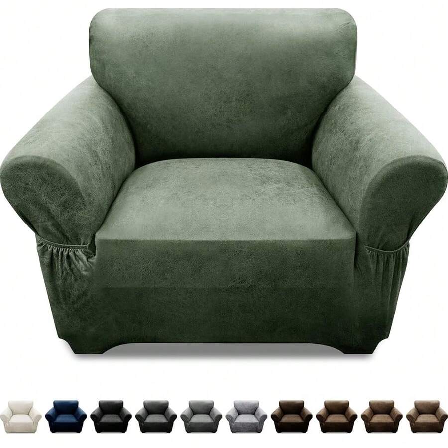 Single Sofa Cover Leather Look Chair Covers For Living Room 1-Piece Sofa Chair Covers With Arms Stretch Furniture Protector With Elastic Bottom & Pockets(Armchair, FArmyss Gre1en) - 陸軍綠軍 - 查看 1
