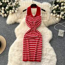 Halter ajustado verano Sexy Mini Vestido De punto sin espalda Spaghetti Strap Vestido De fiesta mujeres Casual fiesta ceñido al cuerpo Vestidos elásticos - Rojo - Ver 2