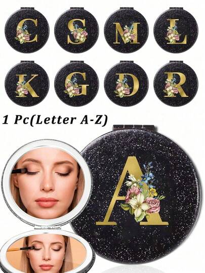 Gold Floral Letters A-Z Foldable Portable Leather Double-Sided Makeup Mirror, Personalized Standing Makeup Mirror, High-End Travel Mirror, Beauty Products, Desktop Makeup Mirror, Rectangular Desktop Compact Makeup Mirror, Foldable Small Minimalist Makeup Mirror, Student Dormitory Return Mirror, Return To School Gift