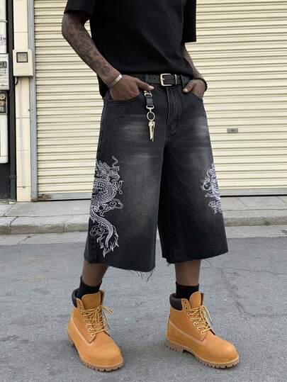 Men's Vintage High Street Dragon-Shaped Embroidery Streetwear Men Denim Shorts