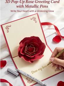 1张3D玫瑰贺卡，情人节礼物 - 浪漫手工周年纪念卡，送给妻子、女友、她 - “我爱你”生日卡，附信封 - 彩色 - 查看 2