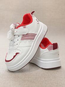 1 双 2026 新款儿童休闲运动鞋，白色鞋面，浅粉色点缀，格子布拼接设计 - 紅色 - 查看 3