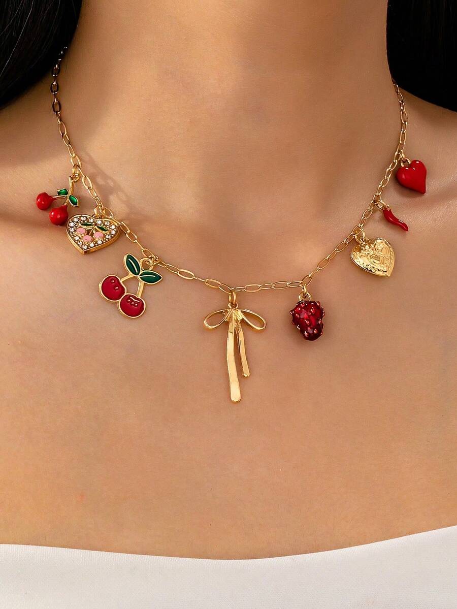 1 Pc Cute Heart Locket, Bow, Strawberry & Cherry Charm Necklace, Delicate Gold-Tone Choker Chain With Bow & Heart Pendant, Women Fashionable Jewelry For Daily Wear, Party, Dating - Multicolor - View 1