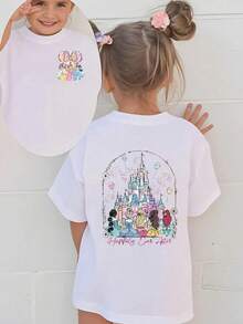 Disney Princesses And Castle Double-Sided Printed Pattern T-Shirts For Girls - Children's Clothing Design Short-Sleeved Casual And Cute Style Comfortable And Casual Wear All Year Round Suita - trắng - Xem 1