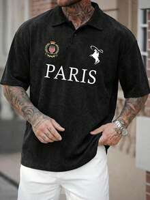 Camisa polo casual y holgada con estampado de caballero para hombre en verano - Negro - Ver 1