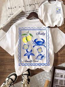 女士休闲柠檬贝壳印花圆领短袖T恤，夏季度假白色 - 白色 - 查看 1