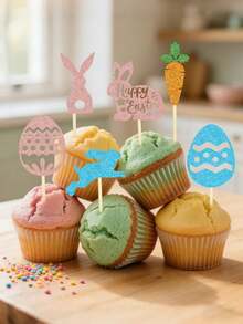 12/6pcs Easter Cake Toppers - Glitter Bunny, Carrot, Egg Cupcake Picks; Easter Cake Decorations, Easter Dessert Table Decor, Easter Home Baking DIY Decor, Easter Gifts Sweets Decor, Easter Atmosphere Decor Accessories, Easter Decorations, Suitable For Easter Party Decor Picks, Birthday Cake Decor Accessories, Spring Picnic Dessert Picks, Holiday Atmosphere Decor Props - Multicolor - View 9