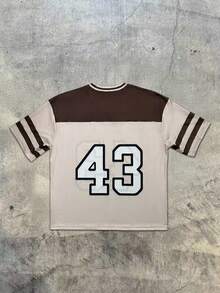 Camiseta de estilo retro para hombre, parte superior suelta con estampado numérico de cuello en V, moda casual de calle/campus - Multicolor - Ver 5
