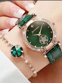 6件套绿色奢华石英表女式戒指项链耳环水钻时尚腕表休闲女士手链手表6件套 - 綠色 - 查看 3