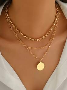 3pcs/Set Fashionable Versatile Gold Chain Layered Handmade Choker Necklace With Circular Pendant, Stylish Jewelry For Women To Wear Casually, On Dates, Parties, Music Festivals - Golden - View 1