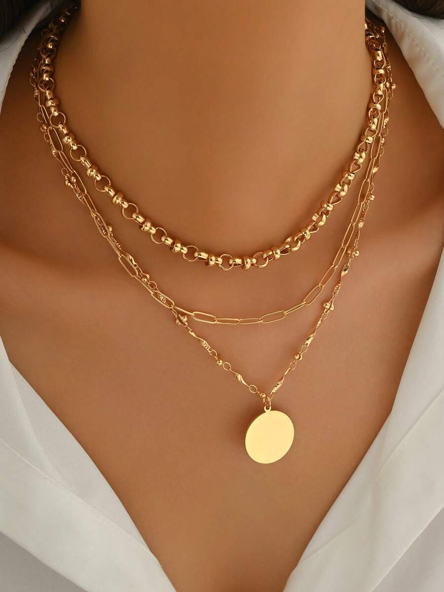 3pcs/Set Fashionable Versatile Gold Chain Layered Handmade Choker Necklace With Circular Pendant, Stylish Jewelry For Women To Wear Casually, On Dates, Parties, Music Festivals - Golden - View 1