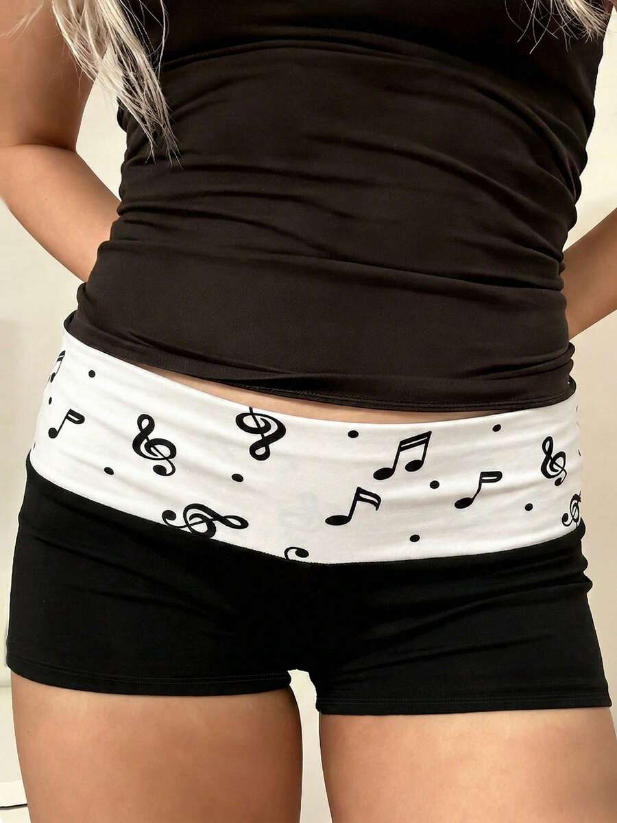 女士 Y2K 前卫低腰短裤 - 黑色，高腰撞色腰带，音符印花，修身版型 - 彩色 - 查看 1