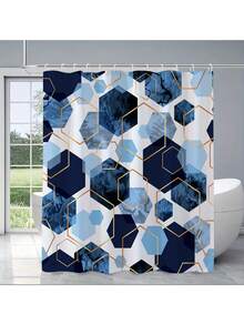 4pcs Blue Bathroom Set, Geometric Pattern Shower Curtain Set, Modern Art Style Shower Curtain With 12 Hooks, Bathroom Rug, Bathroom Non-Slip Mat And Toilet Mat - A - View 19