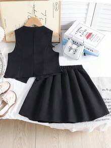 Left Mama Tween GirlsFashionable Black Vest Top With Gold Buttons & Pleated Skirt Set, Summer School/Work Outfit - Black - View 2