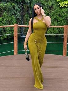 Women's Cross Halter Mermaid Dress | Fall Winter Solid Color Ruched High Waist Slim Maxi Dress - Green - View 1