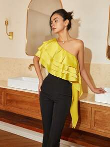 Women's Elegant Ruffled Asymmetric Hem One Shoulder Blouse, Summer - Yellow - View 6