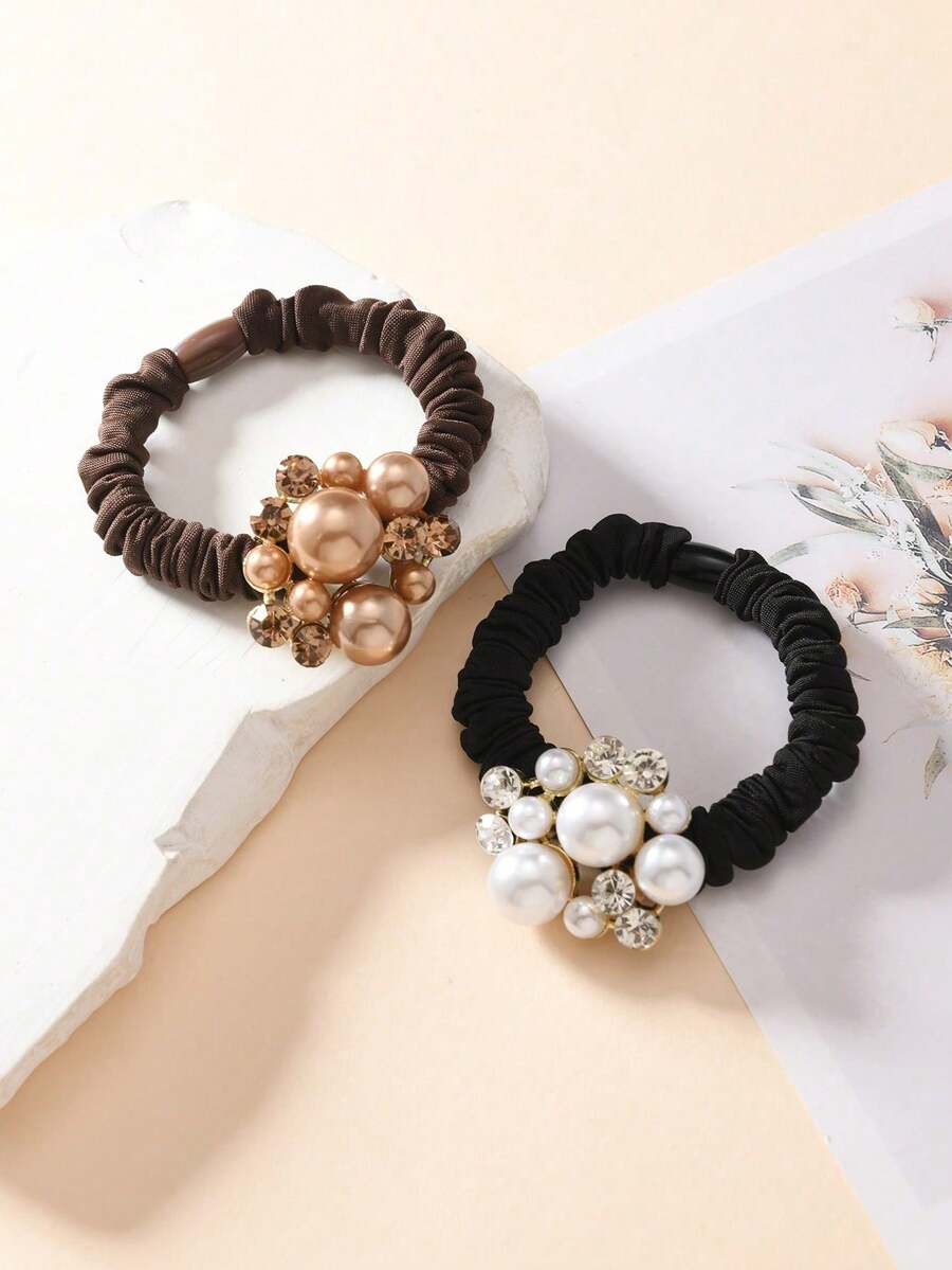 مجموعة من 2 قطعة أربطة شعر نسائية مزينة بالخرز الاصطناعي والراين ستون، أربطة شعر حلزونية عصرية، حاملات ذيل حصان غير ضارة، إكسسوارات شعر متعددة الاستخدامات بتصميم بسيط، أربطة مطاطية للشعر - متعدد الألوان - مشاهدة 1