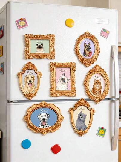 Ímã de geladeira personalizado com moldura para retrato de animal de estimação, coleção de mini molduras douradas vintage personalizadas, ímãs para galeria de animais de estimação, ímã de geladeira com moldura de fotos em estilo vitoriano, decoração com ilustração de animais, presente para amantes de animais de estimação.