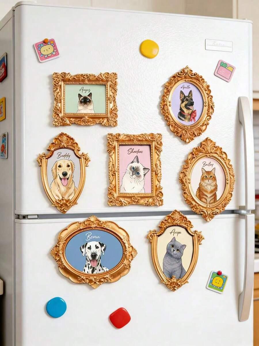 Custom Pet Portrait Frame Magnet, Personalized Vintage Gold Mini Frame Collection, Pet Gallery Magnets, Victorian Style Photo Frame Fridge Magnet, Animal Illustration Decor, Pet Lover Home Decor Gift - Multicolor - View 1