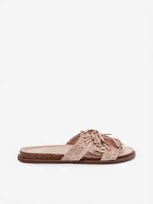 Ciabatte da donna eleganti e confortevoli Glorinna con frange, su suola piatta con sottopiede profilato, perfette per gli stili estivi beige e nere - Beige - Visualizzare 6