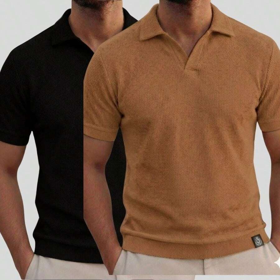 Kit Of 2 Italian Textured Polo Shirts Without Buttons, Slim Sleeves. - 黑色和焦糖色 - 查看 1