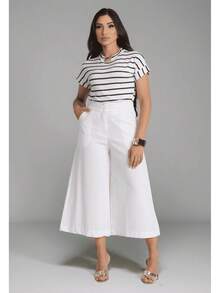 Women's Linen Capri Midi Button Pocket Wide Leg Flare High Waist Casual Pantacourt Pants - trắng - Xem 1