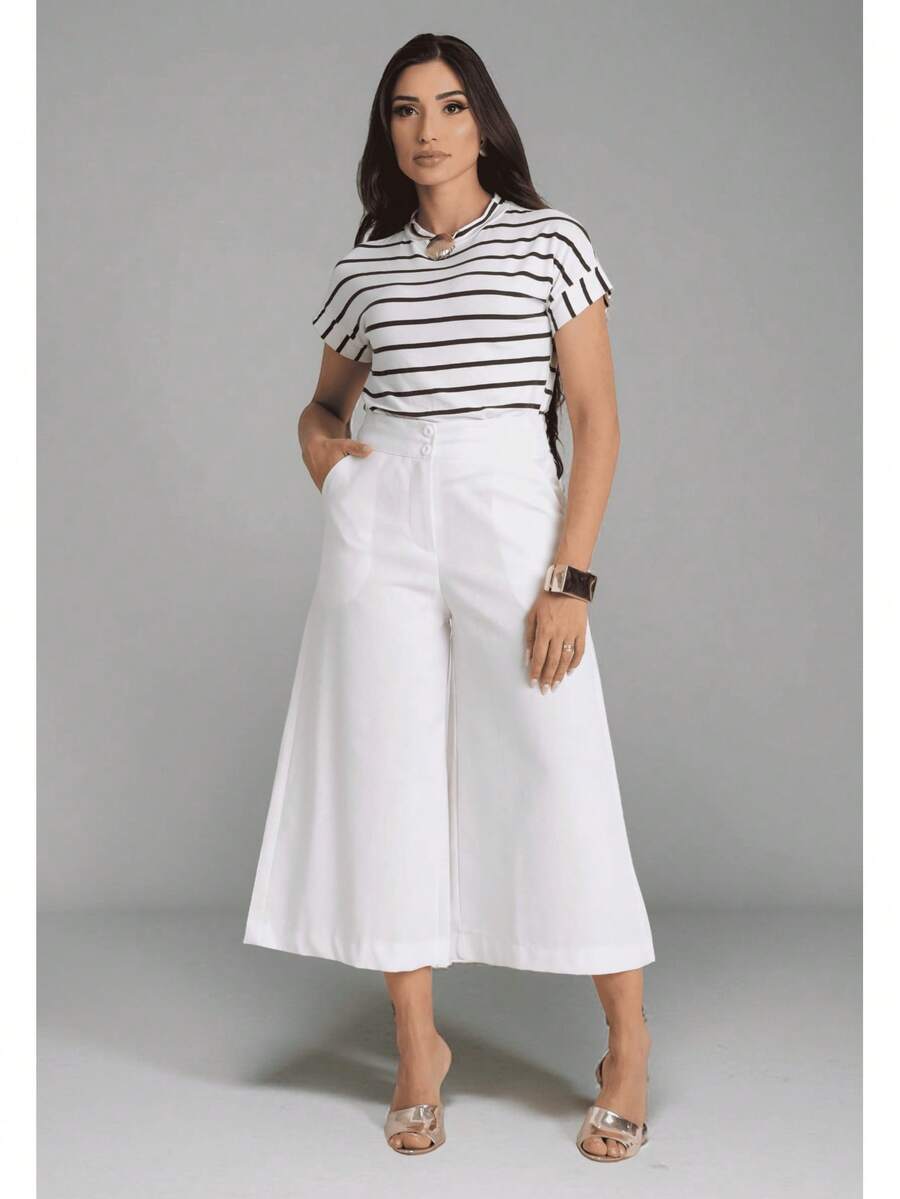 Women's Linen Capri Midi Button Pocket Wide Leg Flare High Waist Casual Pantacourt Pants - trắng - Xem 1
