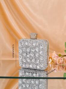1个银色亚克力水钻装饰女士晚宴包，搭配A级钻石金属链，闪亮皇冠装饰盒形钱包，完美迷人，新娘钱包，适合婚礼、派对、舞会、夜店、生日礼物、情人节礼物、聚会、单肩包、手提包、手拿包、化妆包 - 銀色 - 查看 3