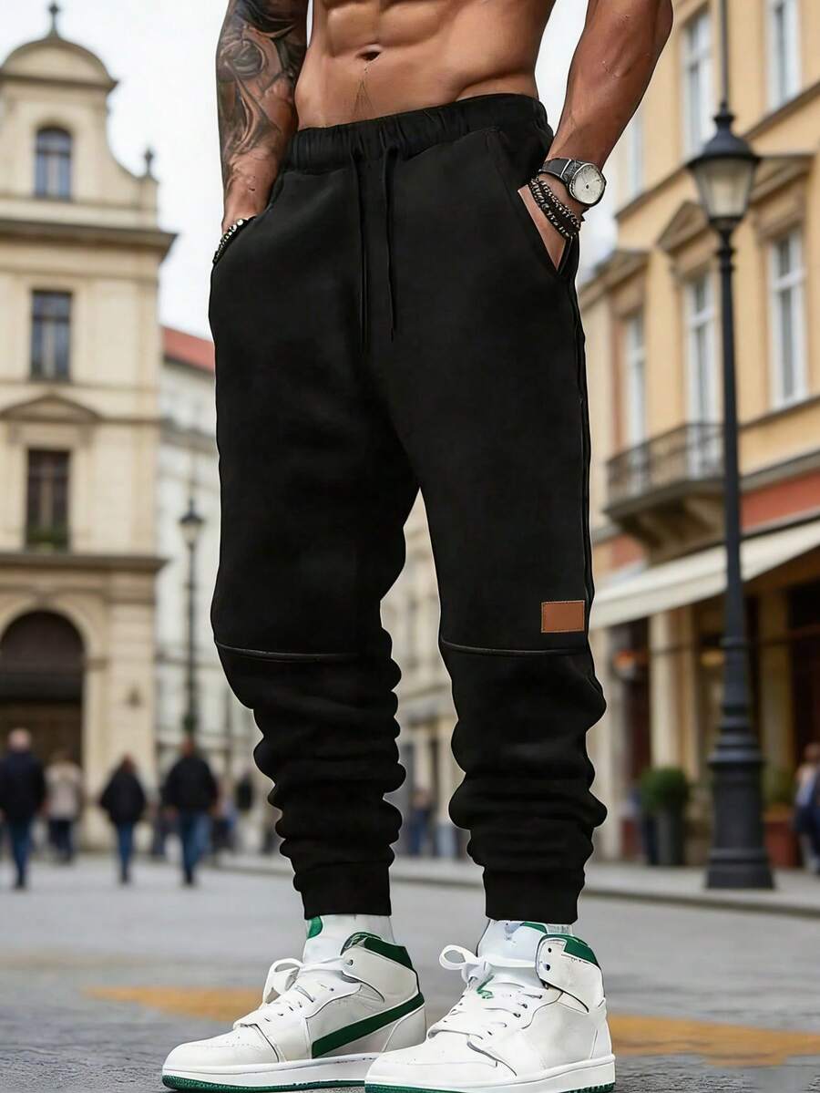 Men's Casual Running Pants, With Adjustable Drawstring, Side Pockets And Logo Patch Design, Suitable For Gym, Jogging, Training And Leisure Occasions - Black - View 1