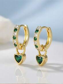 优雅闪亮立方氧化锆心形水晶锆石小耳环，女士款 - 青碧色 - 查看 2