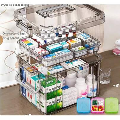 透明多层药柜，带提手，便携式急救收纳盒，适合居家和旅行，高效收纳药品和医疗器械，透明设计方便快速取用，适用于家庭、办公室和紧急情况，空间宽敞，必备健康收纳用品