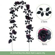 Black Artificial Roses Flower Garland Fake Halloween Hanging Floral Vines For Gothic Party Table Centerpiece - Hot Pink - View 8
