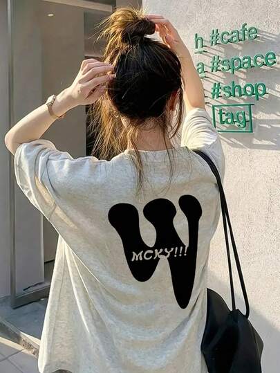 日系女式宽松休闲圆领字母卡通印花短袖T恤，春夏百搭