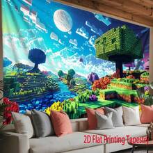 2D Flat, 2D Flat Print Tapestry, 1 Piece Pixel Landscape Fantasy World Tapestry, Bright Block Style Natural Scene Pattern Print Tapestry, Home Wall Decoration, Suitable For Living Room, Bedroom, Garden, Office, Studio Decoration, Gifts, Holiday Party Decoration Polyester Background Cloth, 2D Flat - 1PC - 查看 2