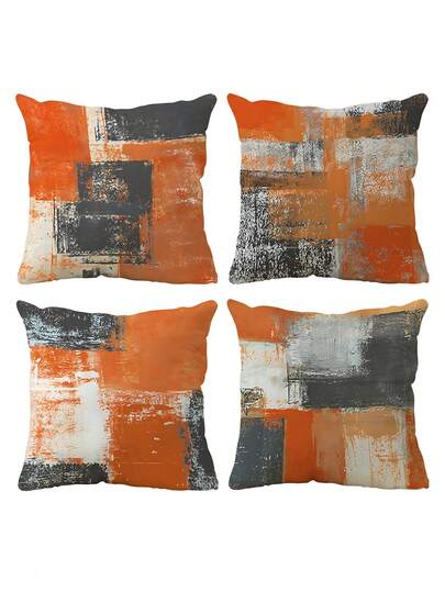 4pcs Orange & Gray Abstract Brush Stroke Printed Pillow Covers, Home Decor Sofa Cushion Covers For Bedroom, Car, Room Decoration