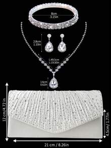 Shiny Rhinestone Flap Evening Bag Party Bag, Elegant And Fashionable Pleated Clutch Prom Bag, With Shiny Rhinestone Jewelry Three Pieces Set, Suitable For Parties, Dinners, Gatherings, Dances, Weddings. - Silver - View 4