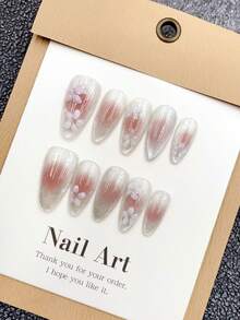 10pcs/Set Diy Handmade Pink Blooming Effect And White Carving Flowers Cats Eye Effect Desgin Nail Art Decoration, Including Short Coffin Shape Fake Nails, 1pc Jelly Gel And 1pc Nail File, Perfect For Spring/Summer Daily Life And Coachella Party Outfits Press On Nails Nail Supplies Handmade Press On Nails - Multicolor - View 4