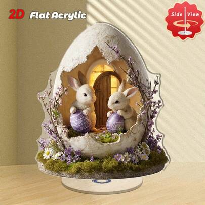 2D Flat, 1pc Rotating Easter Bunny Egg Shell Acrylic Desktop Rotator - Cute White Bunny With Soft Color Eggs And Spring Flowers, Flat Display For Home, Office, Desk - Easter Egg Hunt Decor (No Assembly Required), 2D Flat