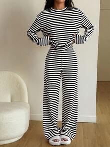 GLOpass 女士休闲黑白条纹圆领长袖睡衣套装，舒适两件套家居服，采用略带弹性的面料制成，春季款 - 黑與白 - 查看 3