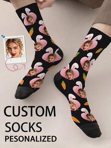 1 Pair Customized Boat Socks With Bow Tie Pattern, Personalized Face Design, Couples Socks, Custom Photo Socks, Custom Printed Socks, Personalized Funny Face Pattern Socks, Custom Image Socks, Any Design Can Be Printed On Socks, Anniversary Gift, Valentine's Day Gift, Birthday Gift - Black - View 2
